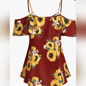 Womens Red Sunflower spaghetti Straps Ruffles Blouse Tank Top Plus Size 3x